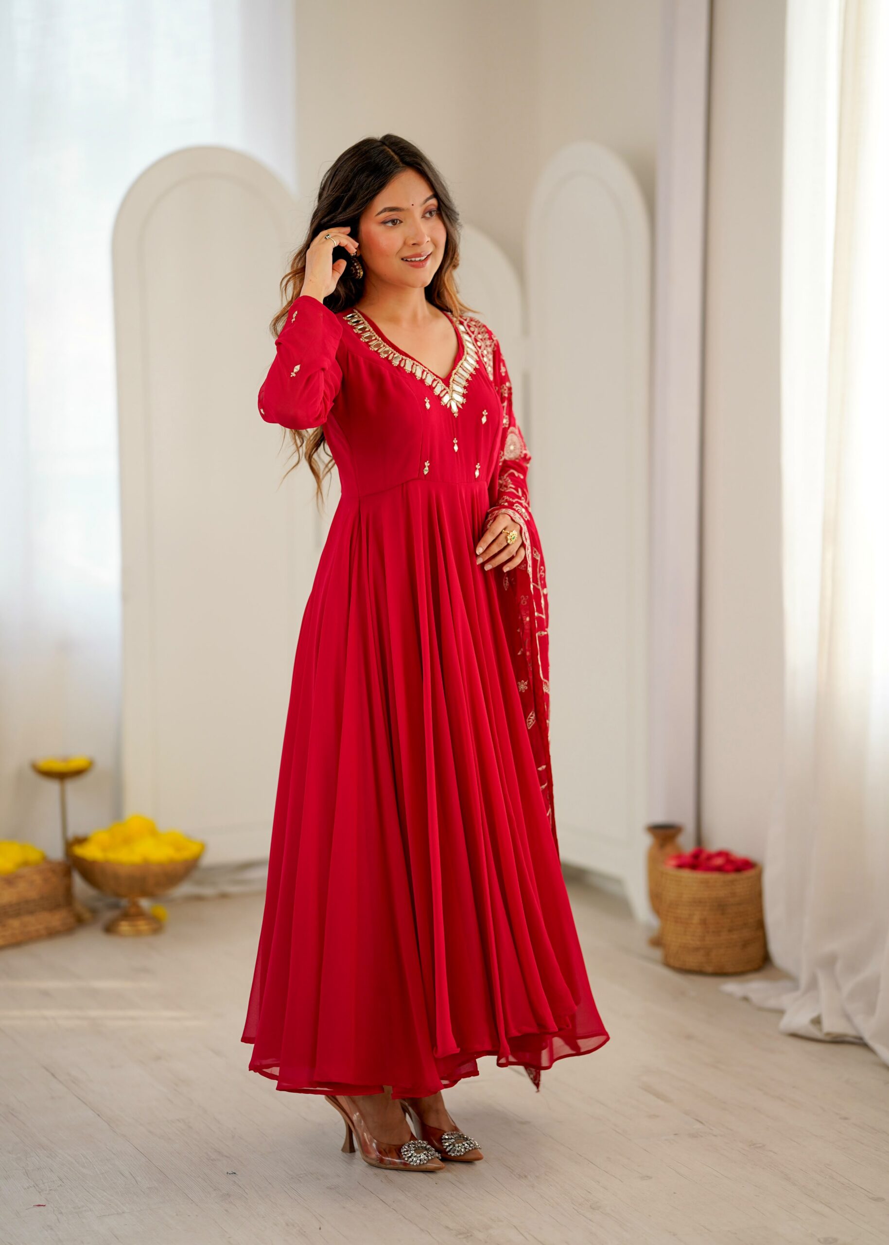 ZF 5025 Red Faux Georgette Gown Perfect for Wedding, Party, Raksha Bandhan, Temple Visit, Onam – . Get it for ₹2149. Delivery 4-6 Working Days. Shop now | Bollywood Gowns, Creative Gowns, Designer Gowns, Embroidered Gowns, Gowns, Party Wear Gowns