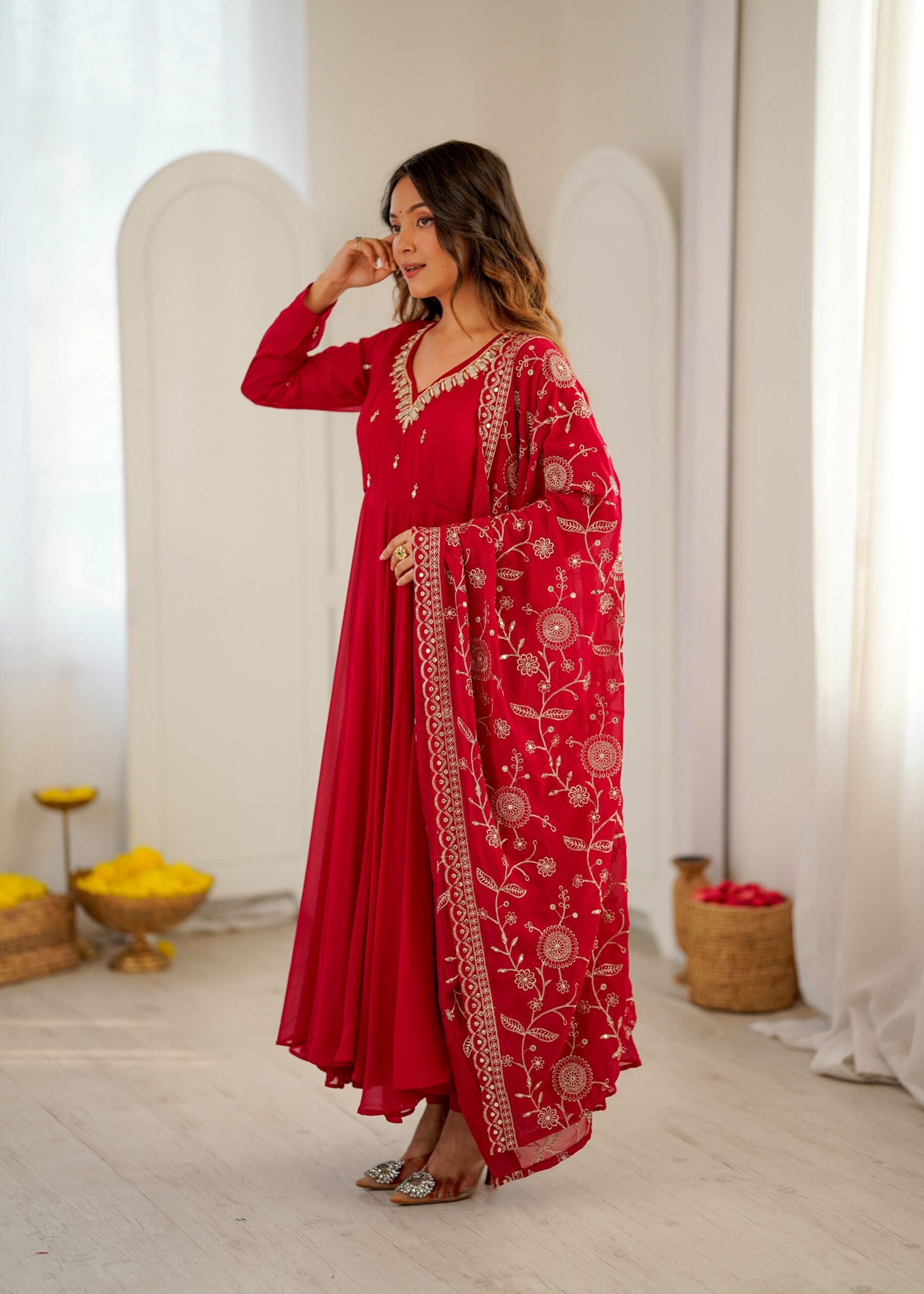 ZF 5025 Red Faux Georgette Gown Perfect for Wedding, Party, Raksha Bandhan, Temple Visit, Onam – . Get it for ₹2149. Delivery 4-6 Working Days. Shop now | Bollywood Gowns, Creative Gowns, Designer Gowns, Embroidered Gowns, Gowns, Party Wear Gowns