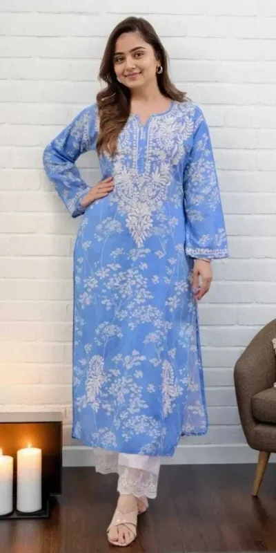 MF 1130 Blue in Colour Poly Cotton Chikenkari Work & Lace Work Kurti . Festive Deal ₹1499. Delivery 4-6 Working Days. Shop now. | Bollywood Kurti, Creative Kurtis, Designer Kurti, Kurti, Party Wear Kurti, Selfie Kurti