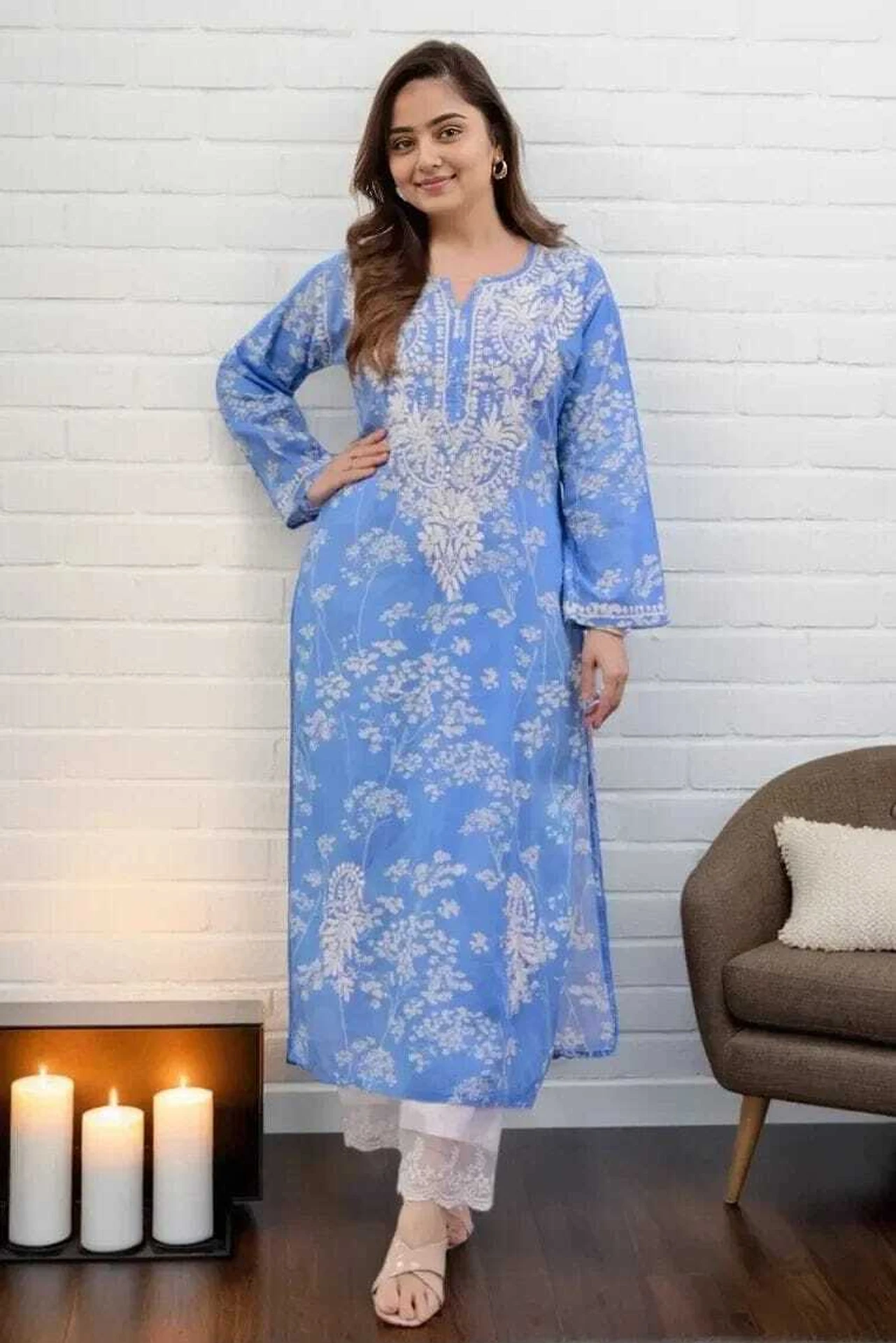 MF 1130 Blue in Colour Poly Cotton Chikenkari Work & Lace Work Kurti . Festive Deal ₹1499. Delivery 4-6 Working Days. Shop now. | Bollywood Kurti, Creative Kurtis, Designer Kurti, Kurti, Party Wear Kurti, Selfie Kurti