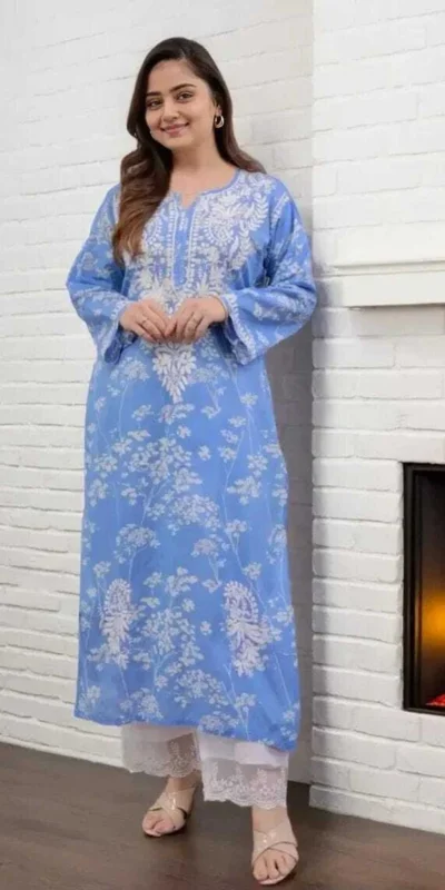 MF 1130 Blue in Colour Poly Cotton Chikenkari Work & Lace Work Kurti . Festive Deal ₹1499. Delivery 4-6 Working Days. Shop now. | Bollywood Kurti, Creative Kurtis, Designer Kurti, Kurti, Party Wear Kurti, Selfie Kurti