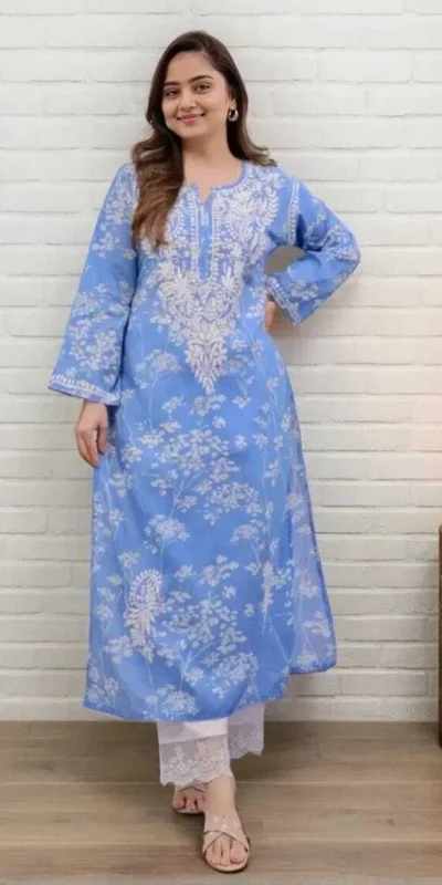 MF 1130 Blue in Colour Poly Cotton Chikenkari Work & Lace Work Kurti . Festive Deal ₹1499. Delivery 4-6 Working Days. Shop now. | Bollywood Kurti, Creative Kurtis, Designer Kurti, Kurti, Party Wear Kurti, Selfie Kurti