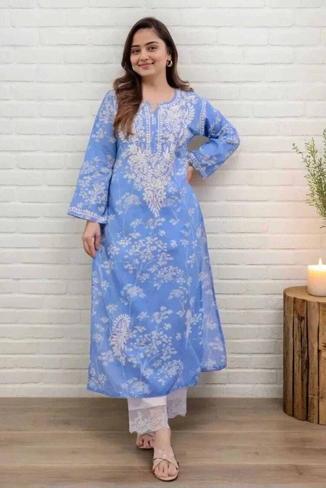 MF 1130 Blue in Colour Poly Cotton Chikenkari Work & Lace Work Kurti . Festive Deal ₹1499. Delivery 4-6 Working Days. Shop now. | Bollywood Kurti, Creative Kurtis, Designer Kurti, Kurti, Party Wear Kurti, Selfie Kurti