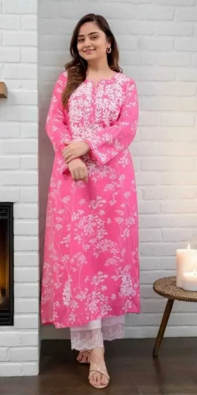 MF 1130 Pink in Colour Poly Cotton Chikenkari Work & Lace Work Kurti . Festive Deal ₹1499. Delivery 4-6 Working Days. Shop now. | Bollywood Kurti, Creative Kurtis, Designer Kurti, Kurti, Party Wear Kurti, Selfie Kurti