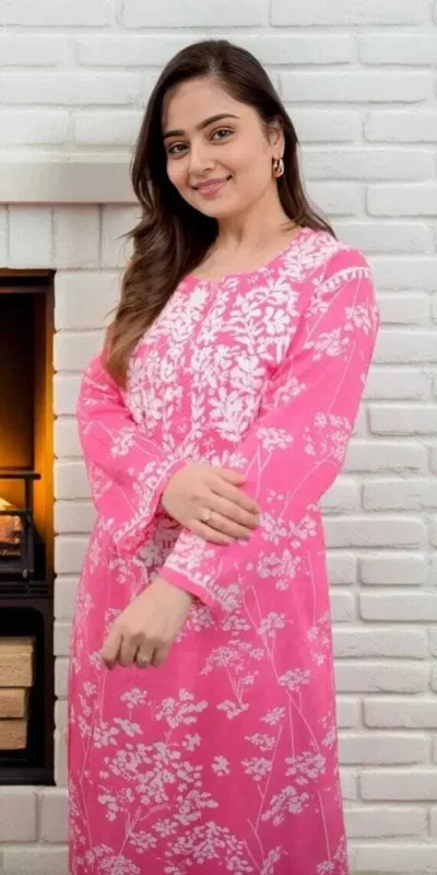 MF 1130 Pink in Colour Poly Cotton Chikenkari Work & Lace Work Kurti . Festive Deal ₹1499. Delivery 4-6 Working Days. Shop now. | Bollywood Kurti, Creative Kurtis, Designer Kurti, Kurti, Party Wear Kurti, Selfie Kurti