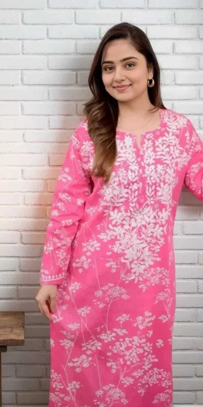 MF 1130 Pink in Colour Poly Cotton Chikenkari Work & Lace Work Kurti . Festive Deal ₹1499. Delivery 4-6 Working Days. Shop now. | Bollywood Kurti, Creative Kurtis, Designer Kurti, Kurti, Party Wear Kurti, Selfie Kurti