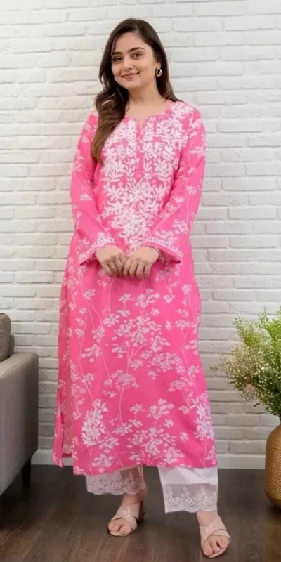 MF 1130 Pink in Colour Poly Cotton Chikenkari Work & Lace Work Kurti . Festive Deal ₹1499. Delivery 4-6 Working Days. Shop now. | Bollywood Kurti, Creative Kurtis, Designer Kurti, Kurti, Party Wear Kurti, Selfie Kurti