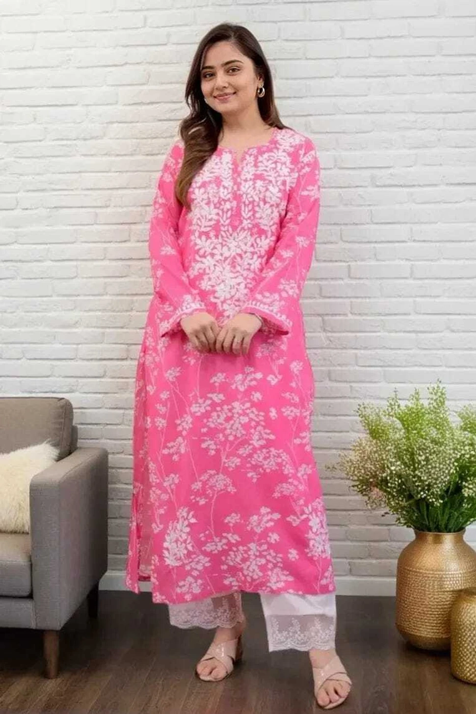 MF 1130 Pink in Colour Poly Cotton Chikenkari Work & Lace Work Kurti . Festive Deal ₹1499. Delivery 4-6 Working Days. Shop now. | Bollywood Kurti, Creative Kurtis, Designer Kurti, Kurti, Party Wear Kurti, Selfie Kurti