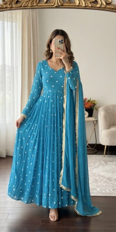SRK 5358 Sky Blue with Thread Embroidery & Work Sky Blue Georgette Gown . Festive Deal ₹1899. Delivery 4-6 Working Days. Shop now. | Bollywood Gowns, Creative Gowns, Designer Gowns, Embroidered Gowns, Gowns, Party Wear Gowns