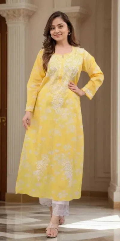 MF 1130 Yellow in Colour Poly Cotton Chikenkari Work & Lace Work Kurti . Festive Deal ₹1499. Delivery 4-6 Working Days. Shop now. | Bollywood Kurti, Creative Kurtis, Designer Kurti, Kurti, Party Wear Kurti, Selfie Kurti