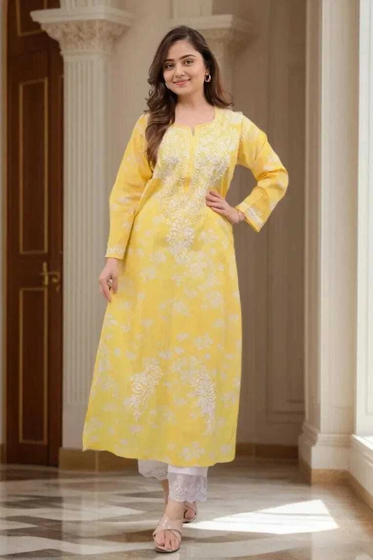 MF 1130 Yellow in Colour Poly Cotton Chikenkari Work & Lace Work Kurti . Festive Deal ₹1499. Delivery 4-6 Working Days. Shop now. | Bollywood Kurti, Creative Kurtis, Designer Kurti, Kurti, Party Wear Kurti, Selfie Kurti