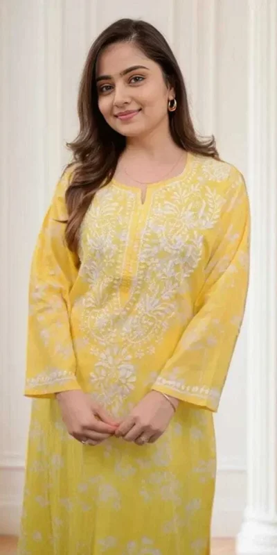 MF 1130 Yellow in Colour Poly Cotton Chikenkari Work & Lace Work Kurti . Festive Deal ₹1499. Delivery 4-6 Working Days. Shop now. | Bollywood Kurti, Creative Kurtis, Designer Kurti, Kurti, Party Wear Kurti, Selfie Kurti