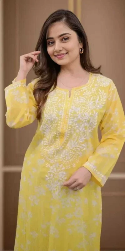 MF 1130 Yellow in Colour Poly Cotton Chikenkari Work & Lace Work Kurti . Festive Deal ₹1499. Delivery 4-6 Working Days. Shop now. | Bollywood Kurti, Creative Kurtis, Designer Kurti, Kurti, Party Wear Kurti, Selfie Kurti