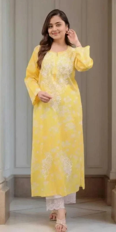 MF 1130 Yellow in Colour Poly Cotton Chikenkari Work & Lace Work Kurti . Festive Deal ₹1499. Delivery 4-6 Working Days. Shop now. | Bollywood Kurti, Creative Kurtis, Designer Kurti, Kurti, Party Wear Kurti, Selfie Kurti