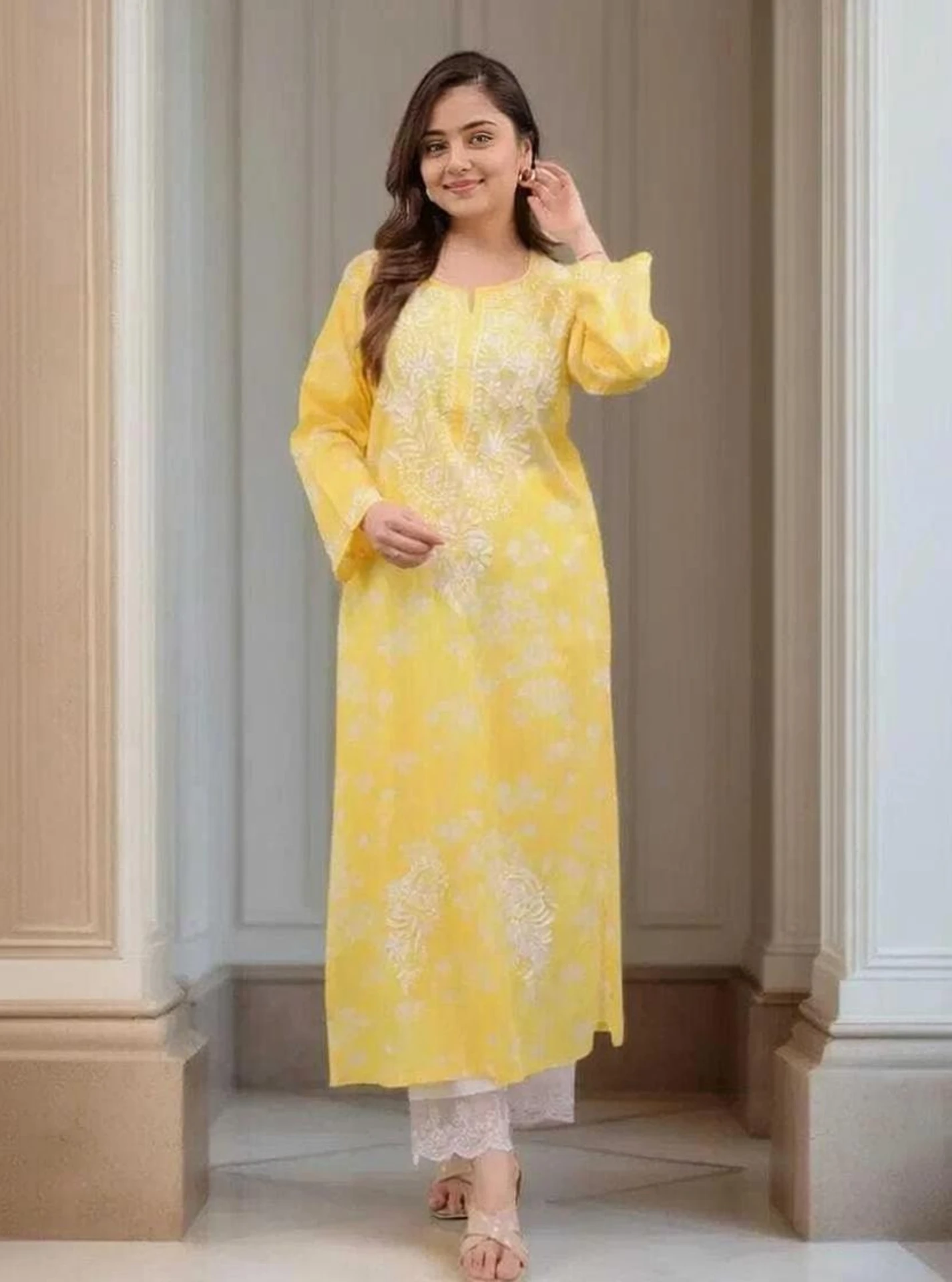 MF 1130 Yellow in Colour Poly Cotton Chikenkari Work & Lace Work Kurti . Festive Deal ₹1499. Delivery 4-6 Working Days. Shop now. | Bollywood Kurti, Creative Kurtis, Designer Kurti, Kurti, Party Wear Kurti, Selfie Kurti