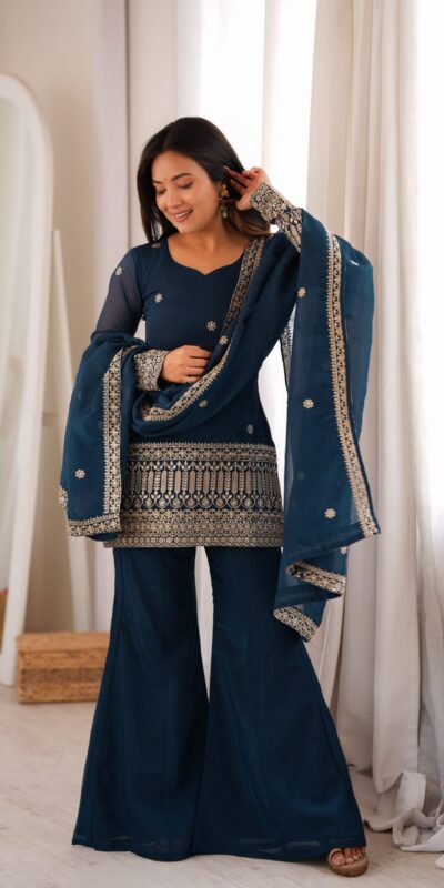 KB 309 Teal Blue | Teal Blue Crunchy Silk Salwar Suit with Sequins Work & Embroidery Work. Grab it for ₹2049. Delivery 4-6 Working Days. Shop now. | Casual Suits, Jump Suits, Creative suits, Designer Suits, Palazzo Suits, Party Wear Suits, Patiala Suits, Salwar suit, Straight Suits