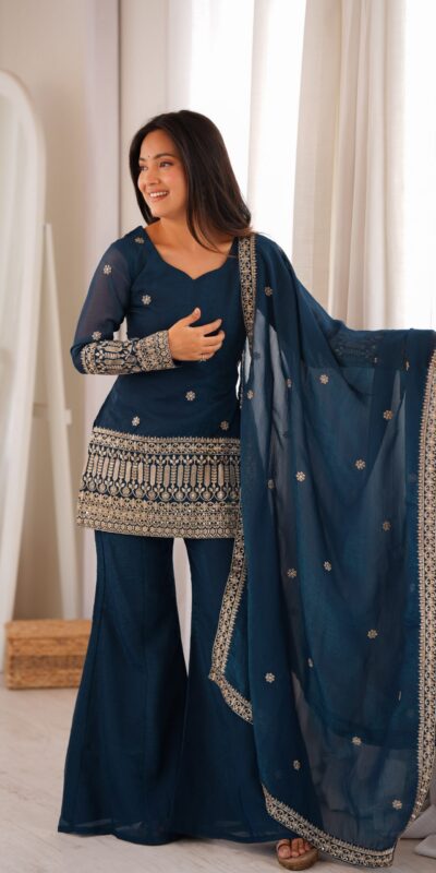 KB 309 Teal Blue | Teal Blue Crunchy Silk Salwar Suit with Sequins Work & Embroidery Work. Grab it for ₹2049. Delivery 4-6 Working Days. Shop now. | Casual Suits, Jump Suits, Creative suits, Designer Suits, Palazzo Suits, Party Wear Suits, Patiala Suits, Salwar suit, Straight Suits