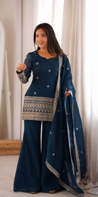 KB 309 Teal Blue | Teal Blue Crunchy Silk Salwar Suit with Sequins Work & Embroidery Work. Grab it for ₹2049. Delivery 4-6 Working Days. Shop now. | Casual Suits, Jump Suits, Creative suits, Designer Suits, Palazzo Suits, Party Wear Suits, Patiala Suits, Salwar suit, Straight Suits