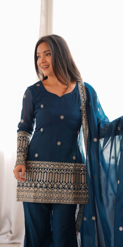 KB 309 Teal Blue | Teal Blue Crunchy Silk Salwar Suit with Sequins Work & Embroidery Work. Grab it for ₹2049. Delivery 4-6 Working Days. Shop now. | Casual Suits, Jump Suits, Creative suits, Designer Suits, Palazzo Suits, Party Wear Suits, Patiala Suits, Salwar suit, Straight Suits