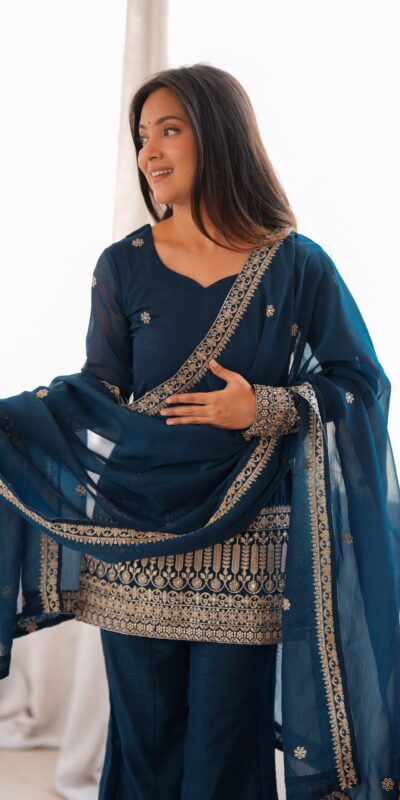 KB 309 Teal Blue | Teal Blue Crunchy Silk Salwar Suit with Sequins Work & Embroidery Work. Grab it for ₹2049. Delivery 4-6 Working Days. Shop now. | Casual Suits, Jump Suits, Creative suits, Designer Suits, Palazzo Suits, Party Wear Suits, Patiala Suits, Salwar suit, Straight Suits