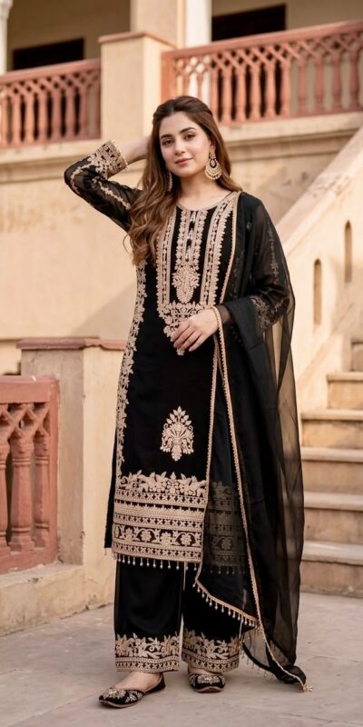 ST 247 Black | Black Faux Georgette Salwar Suit with Lace Work. Introductory Price ₹2449. Delivery 4-6 Working Days. Shop now. | Casual Suits, Jump Suits, Creative suits, Designer Suits, Palazzo Suits, Party Wear Suits, Patiala Suits, Salwar suit, Straight Suits