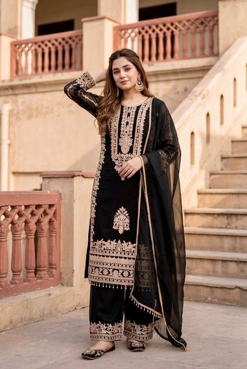 ST 247 Black | Black Faux Georgette Salwar Suit with Lace Work. Introductory Price ₹2449. Delivery 4-6 Working Days. Shop now. | Casual Suits, Jump Suits, Creative suits, Designer Suits, Palazzo Suits, Party Wear Suits, Patiala Suits, Salwar suit, Straight Suits