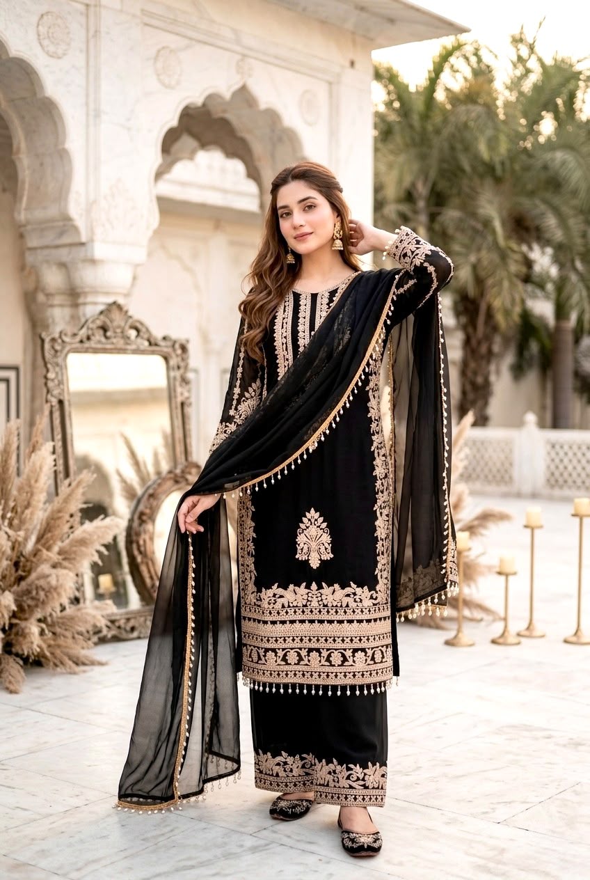 ST 247 Black | Black Faux Georgette Salwar Suit with Lace Work. Introductory Price ₹2449. Delivery 4-6 Working Days. Shop now. | Casual Suits, Jump Suits, Creative suits, Designer Suits, Palazzo Suits, Party Wear Suits, Patiala Suits, Salwar suit, Straight Suits