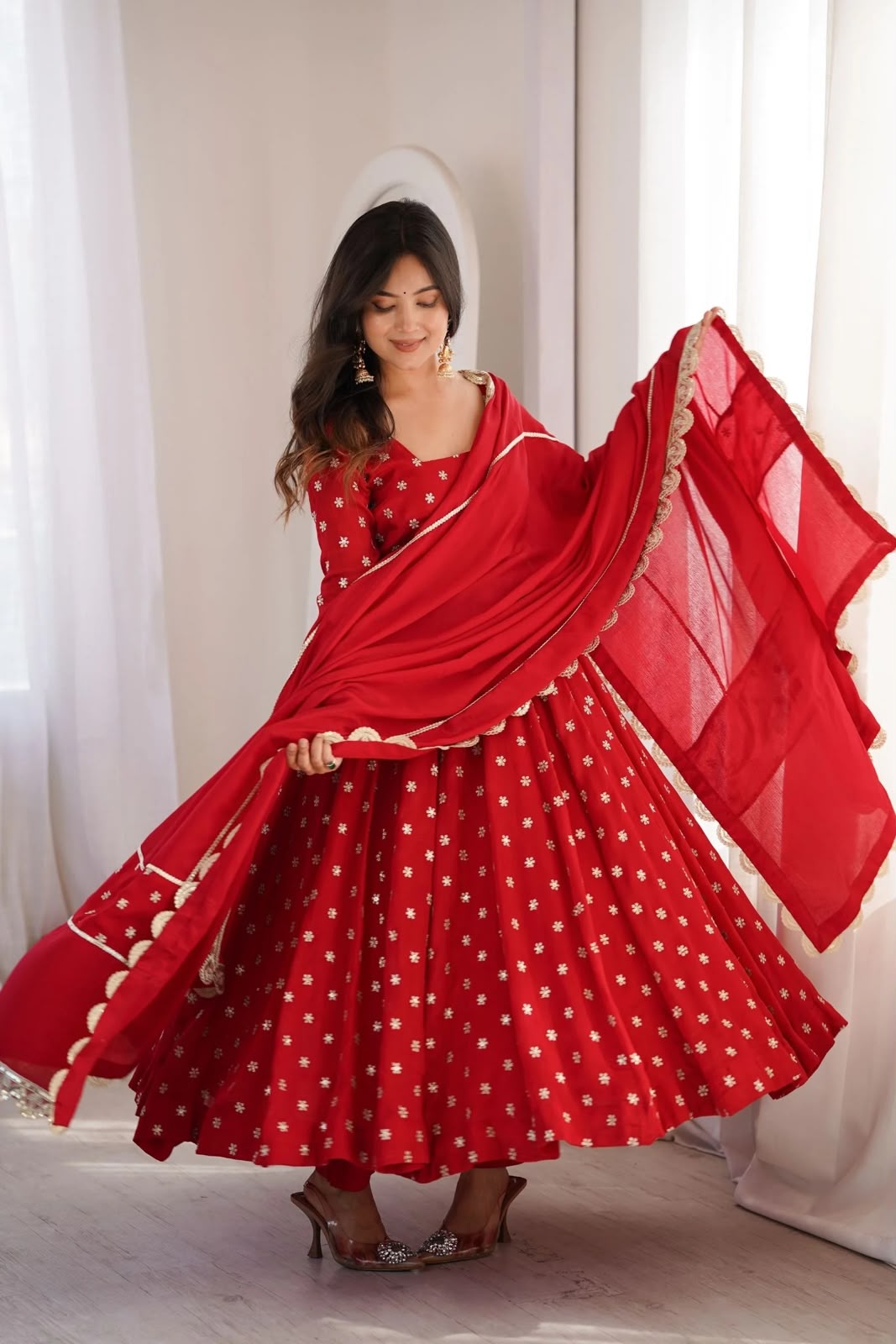 KD 1630 Red Zari Work & Embroidery Work Salwar Suit in Red Chinon Silk. Grab it for ₹2499. Delivery 4-6 Working Days. Shop now. | Anarkali Suits, Bollywood Anarkali, Creative-Anarkali, Designer Anarkali, Embroidered Anarkali, Party Wear Anarkali, Salwar suit