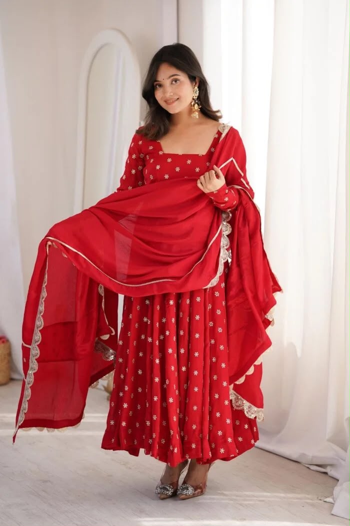 KD 1630 Red Zari Work & Embroidery Work Salwar Suit in Red Chinon Silk. Grab it for ₹2499. Delivery 4-6 Working Days. Shop now. | Anarkali Suits, Bollywood Anarkali, Creative-Anarkali, Designer Anarkali, Embroidered Anarkali, Party Wear Anarkali, Salwar suit