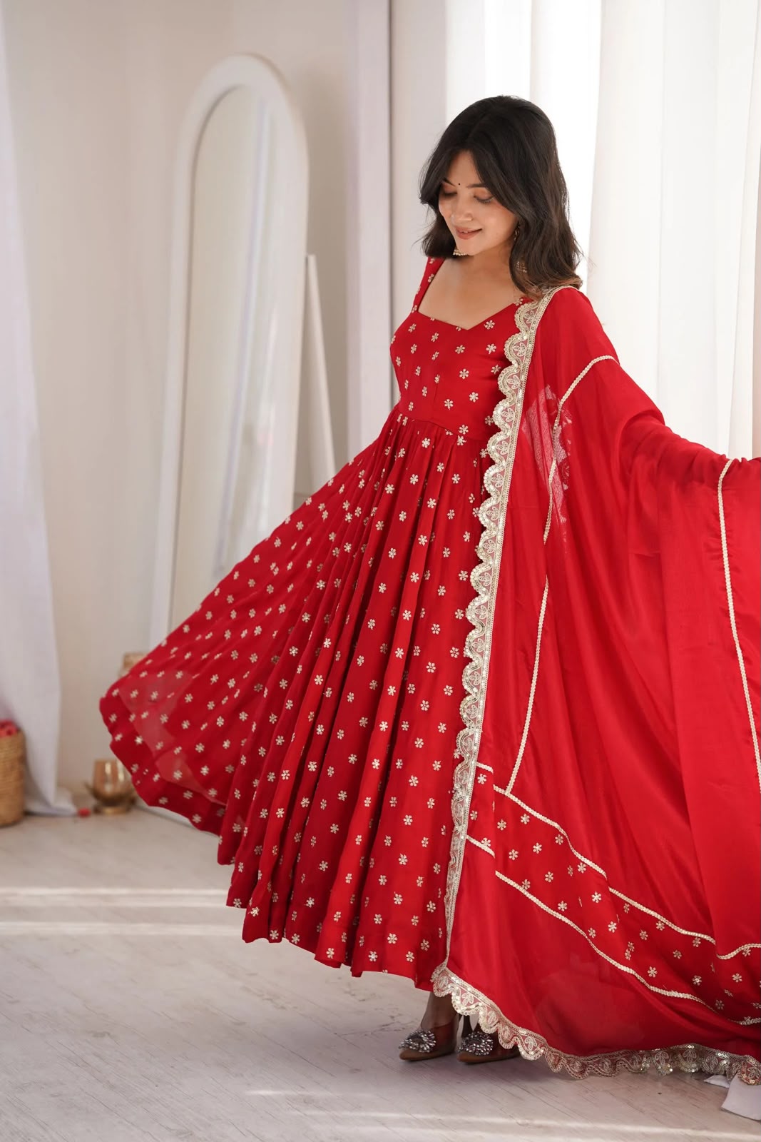 KD 1630 Red Zari Work & Embroidery Work Salwar Suit in Red Chinon Silk. Grab it for ₹2499. Delivery 4-6 Working Days. Shop now. | Anarkali Suits, Bollywood Anarkali, Creative-Anarkali, Designer Anarkali, Embroidered Anarkali, Party Wear Anarkali, Salwar suit