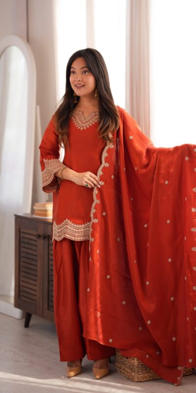 KB 307 Rust in Glass Roman Silk. Sequins Work & Embroidery Work Salwar Suit Festive Deal ₹1999. Delivery 4-6 Working Days. Shop now. | Casual Suits, Jump Suits, Creative suits, Designer Suits, Palazzo Suits, Party Wear Suits, Patiala Suits, Salwar suit, Straight Suits