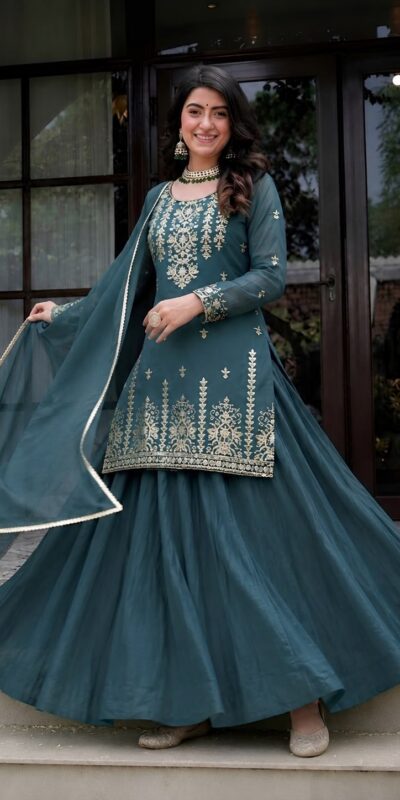 MD 3101 Teal Roman Cotton Lehenga Choli. Perfect for Wedding, Party, Makar Sankranti, Pooja, Anniversary – Grab it for ₹2099. Delivery 4-6 Working Day | Bollywood Lehenga, Creative Lehenga, Designer Lehenga, Embroidered Lehenga, Lehenga, Party Wear Lehenga