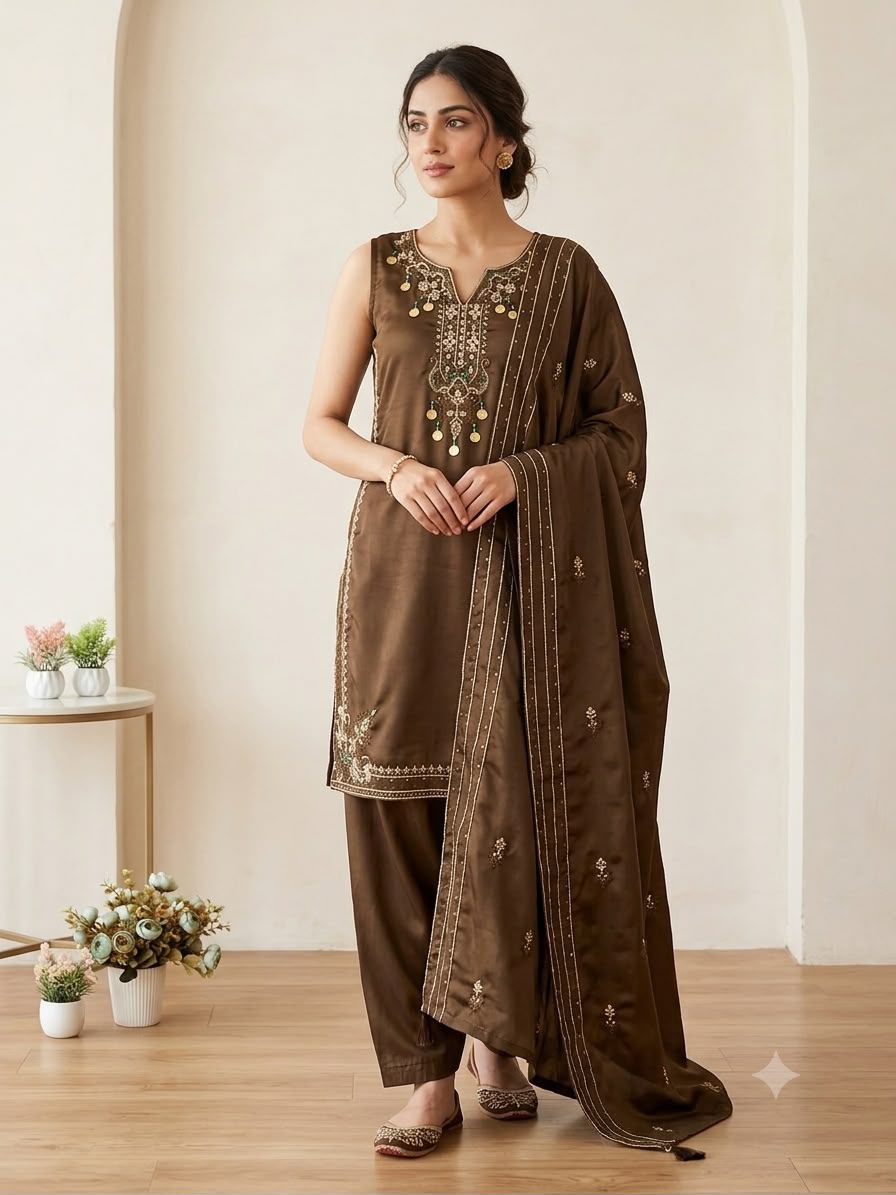 LG 2126 Brown Cos Moss Salwar Suit with Embroidery Work & Sequins Work. Affordable Price ₹2149. Delivery 4-6 Working Days. Shop now. | Casual Suits, Jump Suits, Creative suits, Designer Suits, Palazzo Suits, Party Wear Suits, Patiala Suits, Salwar suit, Straight Suits