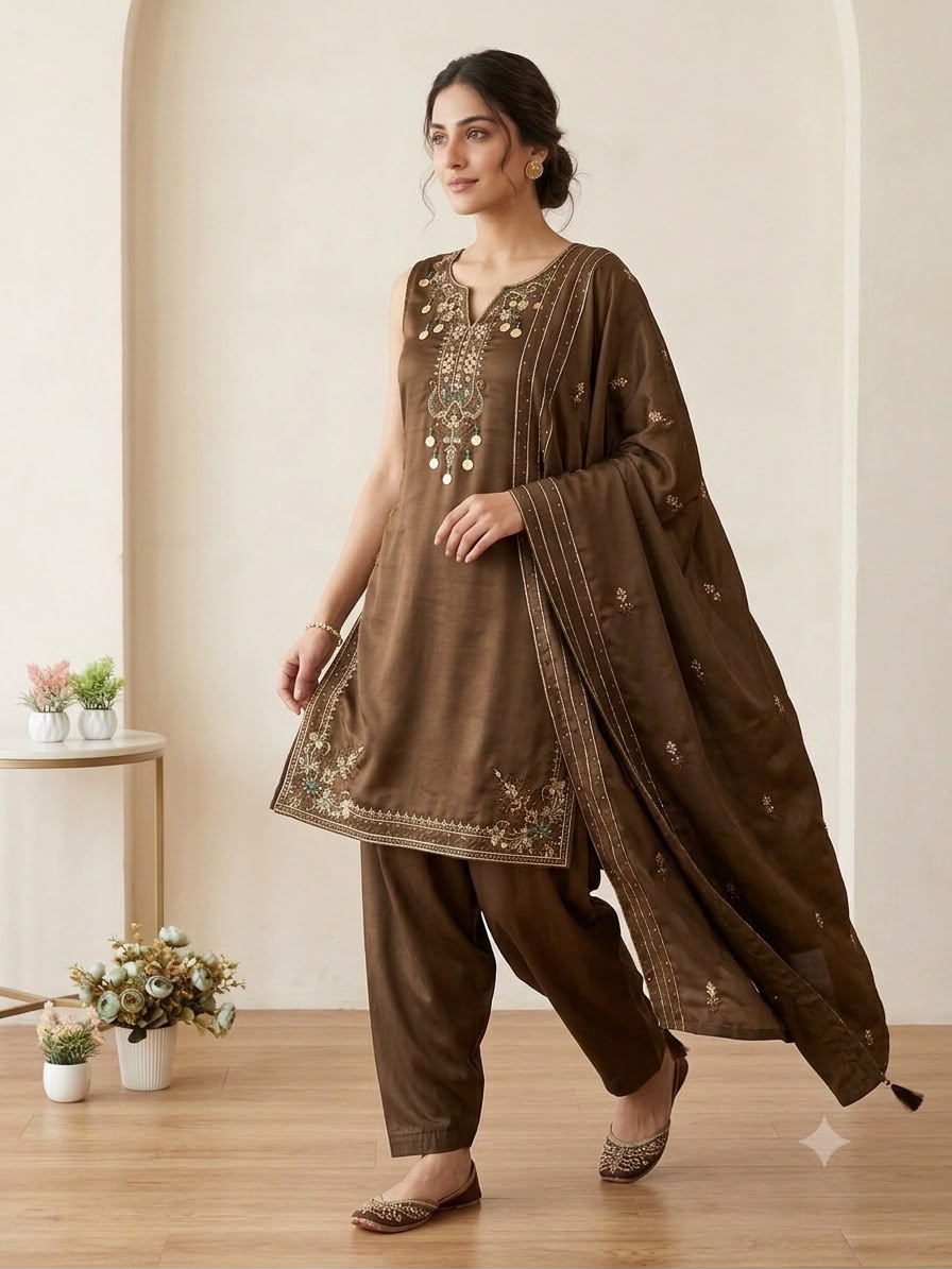 LG 2126 Brown Cos Moss Salwar Suit with Embroidery Work & Sequins Work. Affordable Price ₹2149. Delivery 4-6 Working Days. Shop now. | Casual Suits, Jump Suits, Creative suits, Designer Suits, Palazzo Suits, Party Wear Suits, Patiala Suits, Salwar suit, Straight Suits