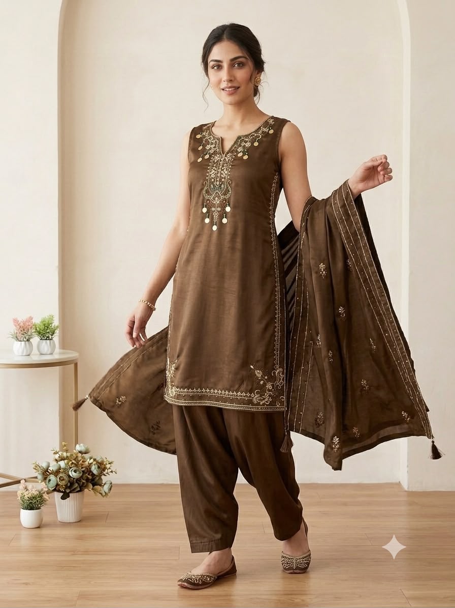 LG 2126 Brown Cos Moss Salwar Suit with Embroidery Work & Sequins Work. Affordable Price ₹2149. Delivery 4-6 Working Days. Shop now. | Casual Suits, Jump Suits, Creative suits, Designer Suits, Palazzo Suits, Party Wear Suits, Patiala Suits, Salwar suit, Straight Suits