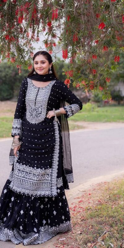 ZB 5064 Black Faux Georgette Salwar Suit with Embroidery Work. Available at ₹2049 only. Delivery 4-6 Working Days. Shop now. | Casual Suits, Jump Suits, Creative suits, Designer Suits, Palazzo Suits, Party Wear Suits, Patiala Suits, Salwar suit, Straight Suits