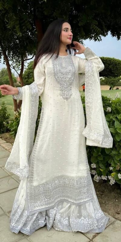 ZB 5064 White Faux Georgette Salwar Suit with Embroidery Work. Available at ₹2049 only. Delivery 4-6 Working Days. Shop now. | Casual Suits, Jump Suits, Creative suits, Designer Suits, Palazzo Suits, Party Wear Suits, Patiala Suits, Salwar suit, Straight Suits