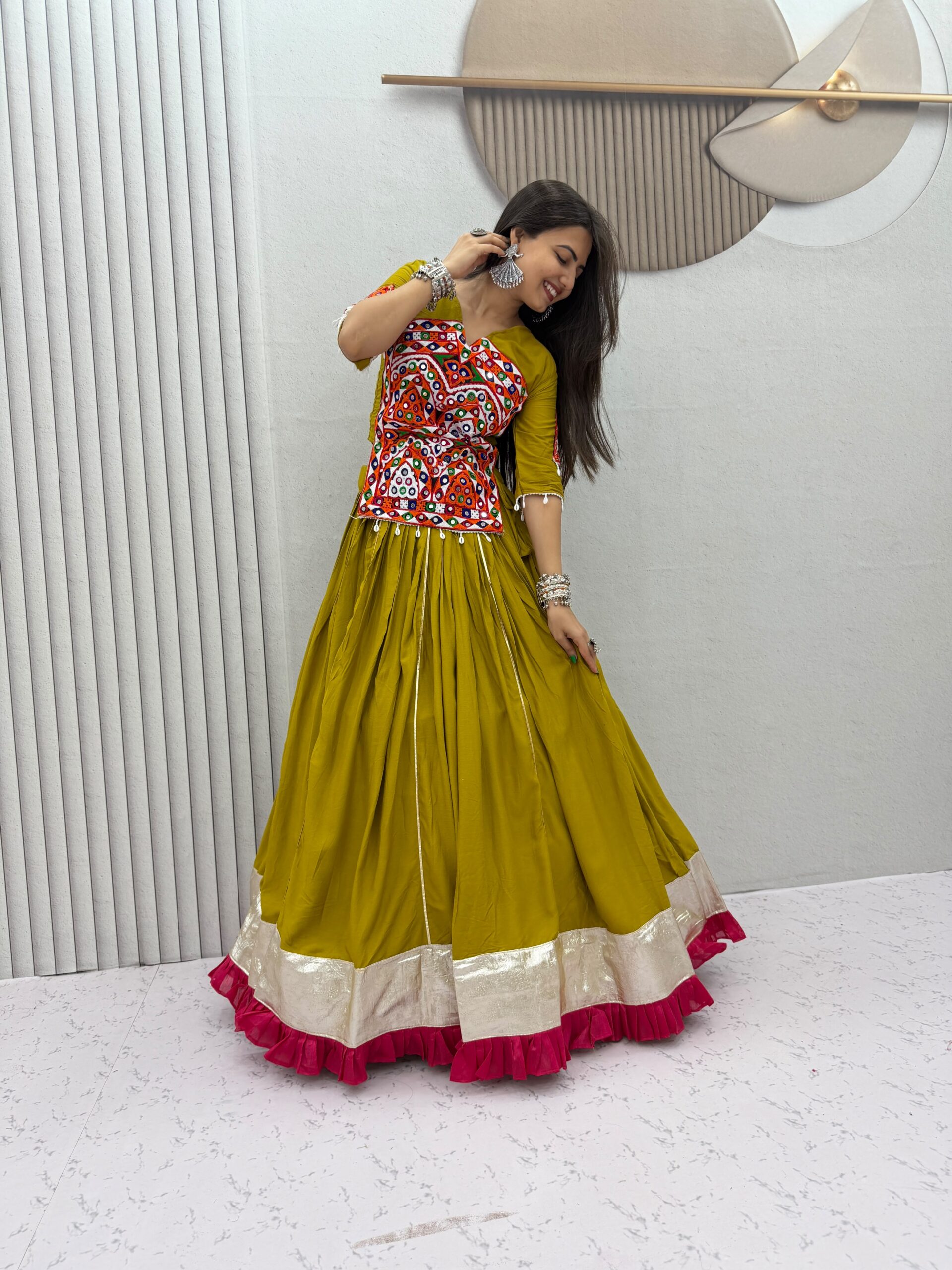 PC 595 Mustered in Pure Cotton Mirror Work & Gamthi Work Lehenga Choli . Exclusive Offer ₹3099. Delivery 4-6 Working Days. Shop now. | Bollywood Lehenga, Creative Lehenga, Designer Lehenga, Embroidered Lehenga, Lehenga, Party Wear Lehenga