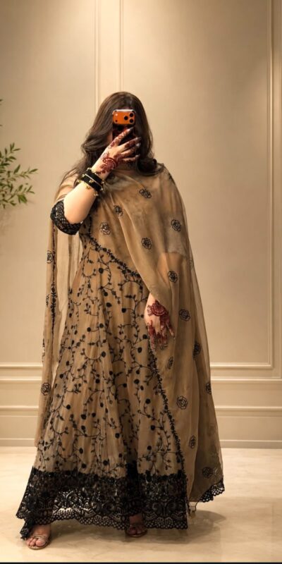 WW 1277 Cream Fox Perfect for Wedding, Party, Durga Puja, Diwali, Anniversary Georgette Gown. Now at just ₹2399. Delivery 4-6 Working Days. Shop now. | Bollywood Gowns, Creative Gowns, Designer Gowns, Embroidered Gowns, Gowns, Party Wear Gowns