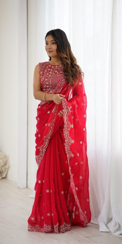 SP 88 Red Red Fendy Chiffon Saree with Embroidery Work & Sequins Work. Special Price ₹2149. Delivery 4-6 Working Days. Shop now. | Creative Sarees, Bollywood Sarees, Designer Sarees, Embroidered Sarees, Ethnic Saree, Modern Digital sarees, Party Wear Sarees, Sarees