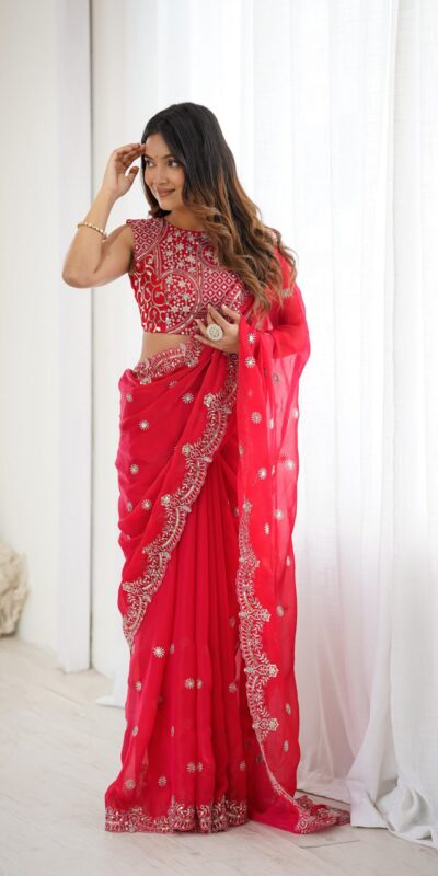 SP 88 Red Red Fendy Chiffon Saree with Embroidery Work & Sequins Work. Special Price ₹2149. Delivery 4-6 Working Days. Shop now. | Creative Sarees, Bollywood Sarees, Designer Sarees, Embroidered Sarees, Ethnic Saree, Modern Digital sarees, Party Wear Sarees, Sarees