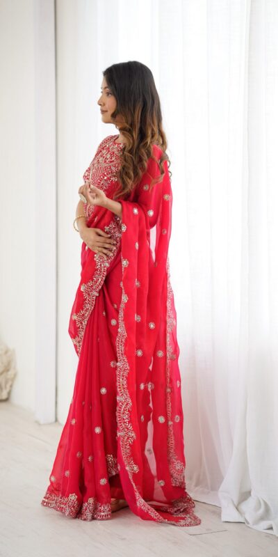 SP 88 Red Red Fendy Chiffon Saree with Embroidery Work & Sequins Work. Special Price ₹2149. Delivery 4-6 Working Days. Shop now. | Creative Sarees, Bollywood Sarees, Designer Sarees, Embroidered Sarees, Ethnic Saree, Modern Digital sarees, Party Wear Sarees, Sarees