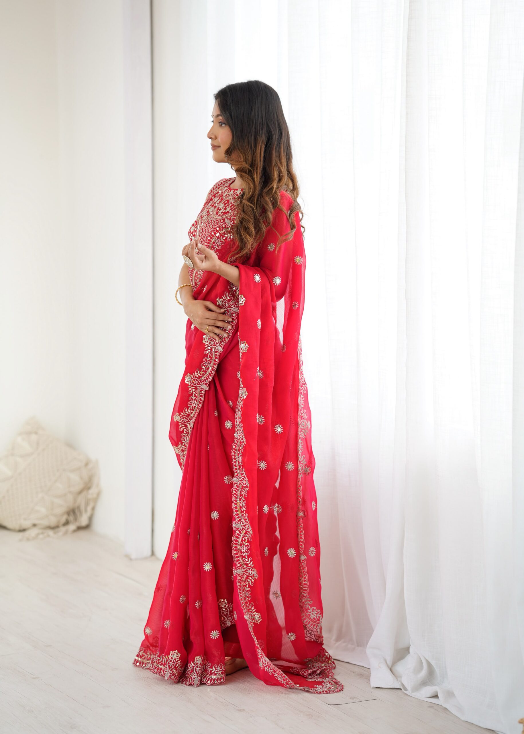 SP 88 Red Red Fendy Chiffon Saree with Embroidery Work & Sequins Work. Special Price ₹2149. Delivery 4-6 Working Days. Shop now. | Creative Sarees, Bollywood Sarees, Designer Sarees, Embroidered Sarees, Ethnic Saree, Modern Digital sarees, Party Wear Sarees, Sarees