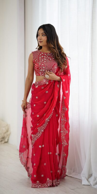 SP 88 Red Red Fendy Chiffon Saree with Embroidery Work & Sequins Work. Special Price ₹2149. Delivery 4-6 Working Days. Shop now. | Creative Sarees, Bollywood Sarees, Designer Sarees, Embroidered Sarees, Ethnic Saree, Modern Digital sarees, Party Wear Sarees, Sarees