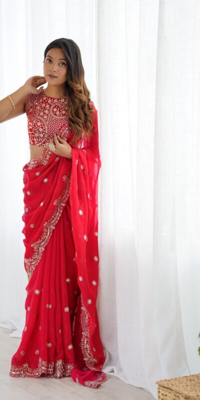 SP 88 Red Red Fendy Chiffon Saree with Embroidery Work & Sequins Work. Special Price ₹2149. Delivery 4-6 Working Days. Shop now. | Creative Sarees, Bollywood Sarees, Designer Sarees, Embroidered Sarees, Ethnic Saree, Modern Digital sarees, Party Wear Sarees, Sarees