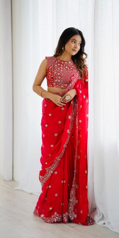 SP 88 Red Red Fendy Chiffon Saree with Embroidery Work & Sequins Work. Special Price ₹2149. Delivery 4-6 Working Days. Shop now. | Creative Sarees, Bollywood Sarees, Designer Sarees, Embroidered Sarees, Ethnic Saree, Modern Digital sarees, Party Wear Sarees, Sarees