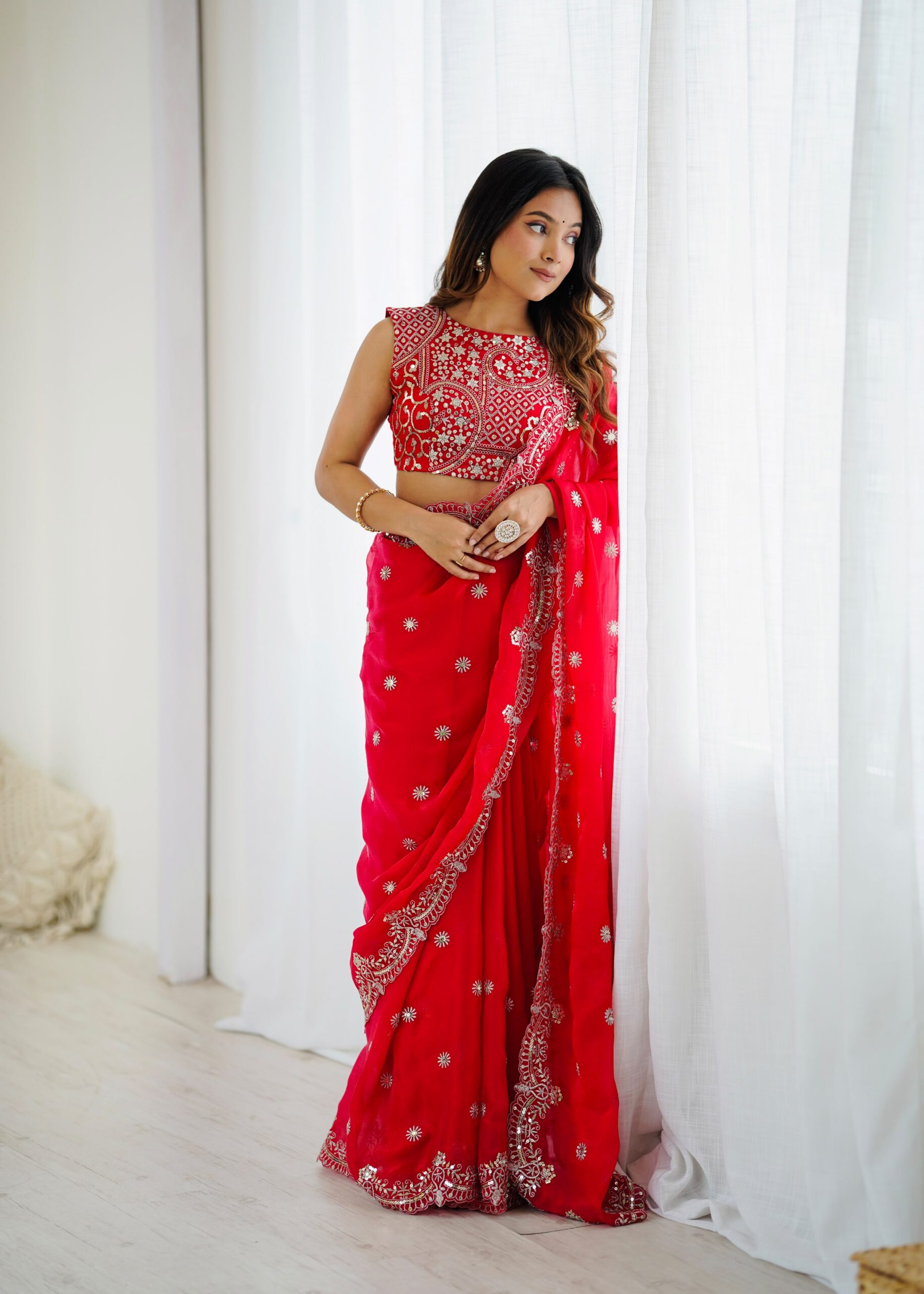 SP 88 Red Red Fendy Chiffon Saree with Embroidery Work & Sequins Work. Special Price ₹2149. Delivery 4-6 Working Days. Shop now. | Creative Sarees, Bollywood Sarees, Designer Sarees, Embroidered Sarees, Ethnic Saree, Modern Digital sarees, Party Wear Sarees, Sarees