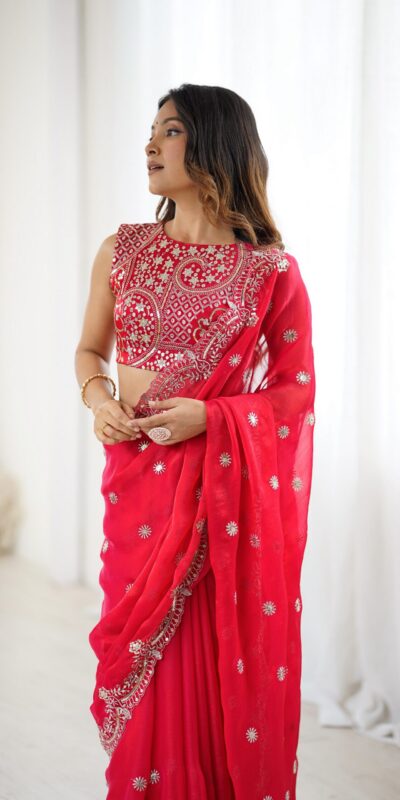 SP 88 Red Red Fendy Chiffon Saree with Embroidery Work & Sequins Work. Special Price ₹2149. Delivery 4-6 Working Days. Shop now. | Creative Sarees, Bollywood Sarees, Designer Sarees, Embroidered Sarees, Ethnic Saree, Modern Digital sarees, Party Wear Sarees, Sarees
