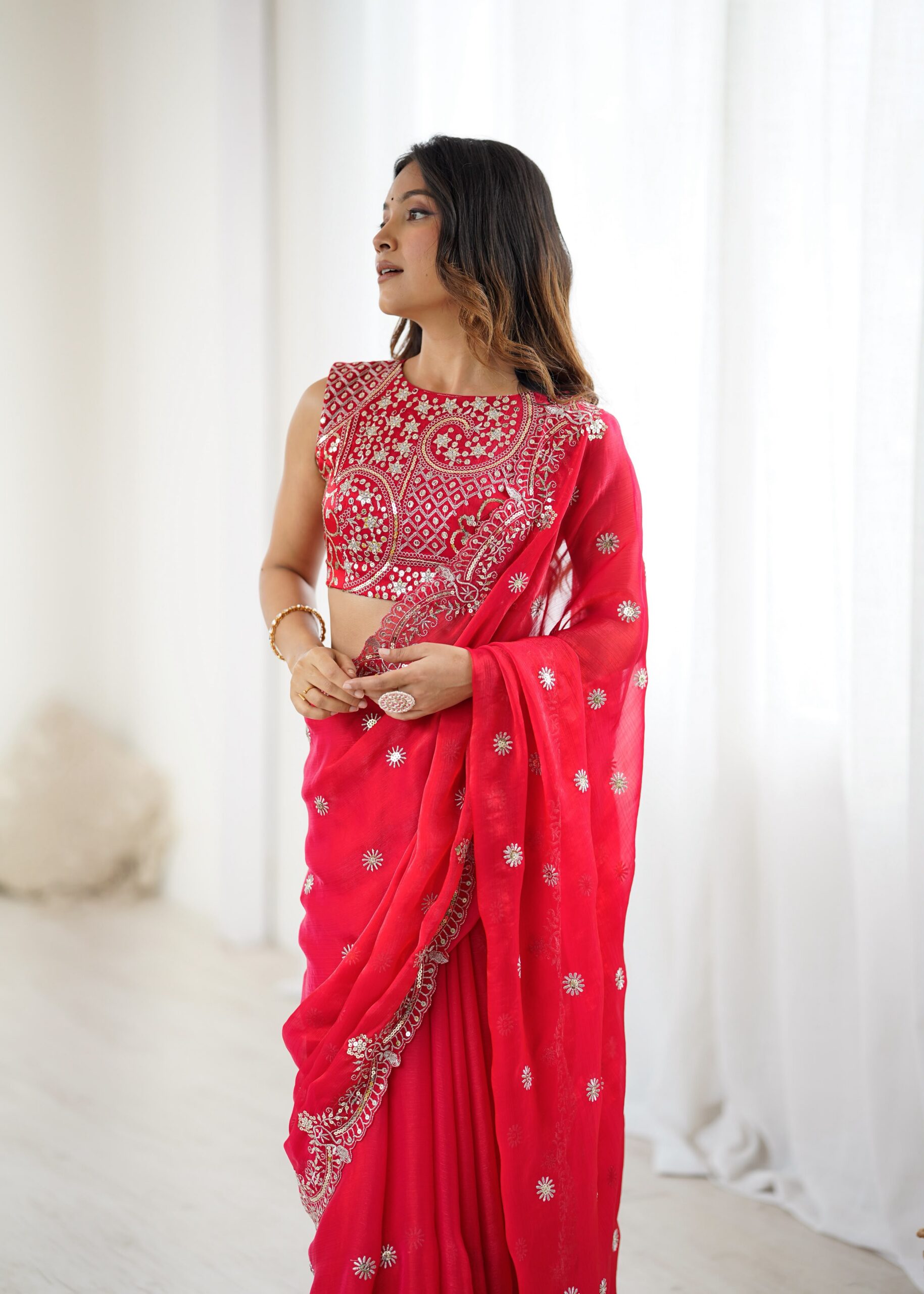 SP 88 Red Red Fendy Chiffon Saree with Embroidery Work & Sequins Work. Special Price ₹2149. Delivery 4-6 Working Days. Shop now. | Creative Sarees, Bollywood Sarees, Designer Sarees, Embroidered Sarees, Ethnic Saree, Modern Digital sarees, Party Wear Sarees, Sarees