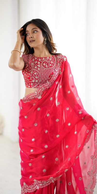 SP 88 Red Red Fendy Chiffon Saree with Embroidery Work & Sequins Work. Special Price ₹2149. Delivery 4-6 Working Days. Shop now. | Creative Sarees, Bollywood Sarees, Designer Sarees, Embroidered Sarees, Ethnic Saree, Modern Digital sarees, Party Wear Sarees, Sarees